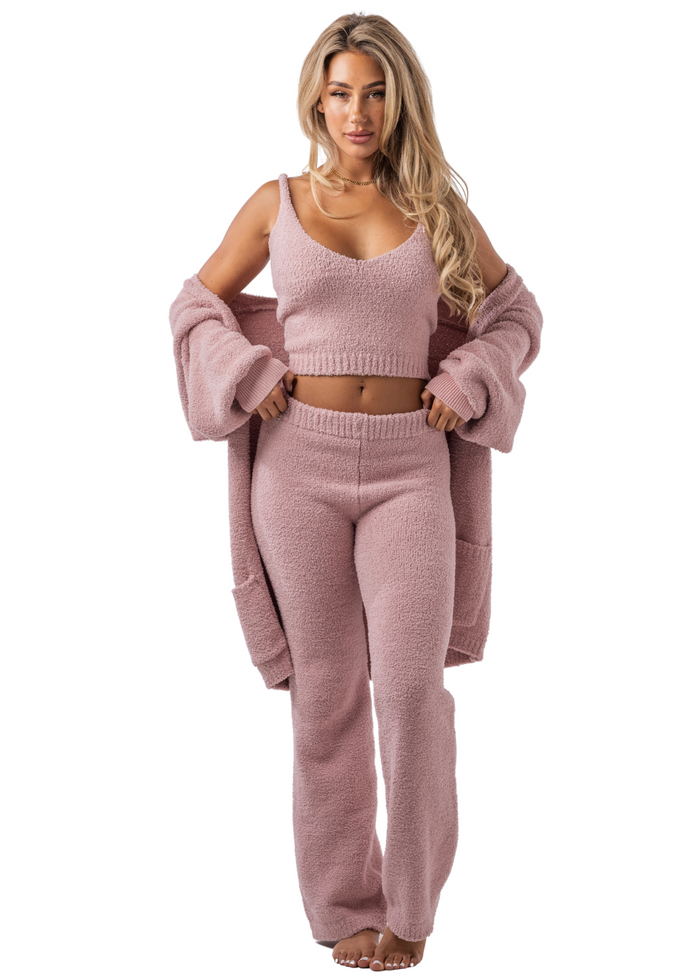 Lounge Lover Teddy Cardigan + V-neck + Flares Set (3-Piece) Blush Pink