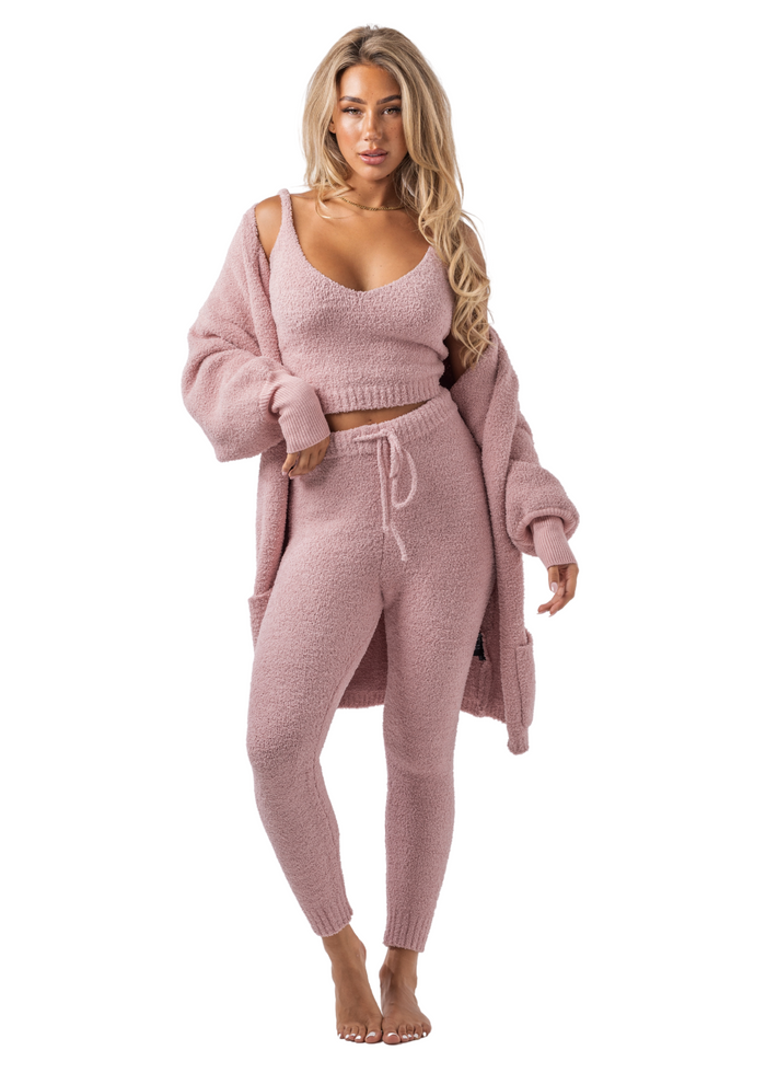 Sweetheart Teddy Cardigan + V-neck + Leggings Set (3-Piece) Blush Pink