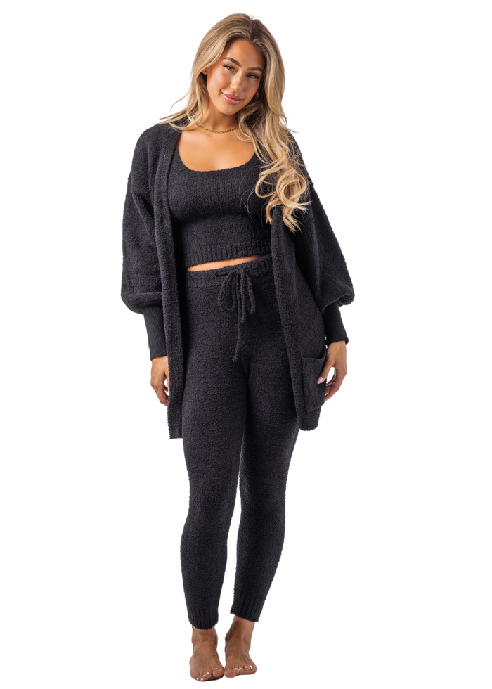 Dreamy Teddy Cardigan + Cami + Leggings Set (3-Piece) Sultry Black