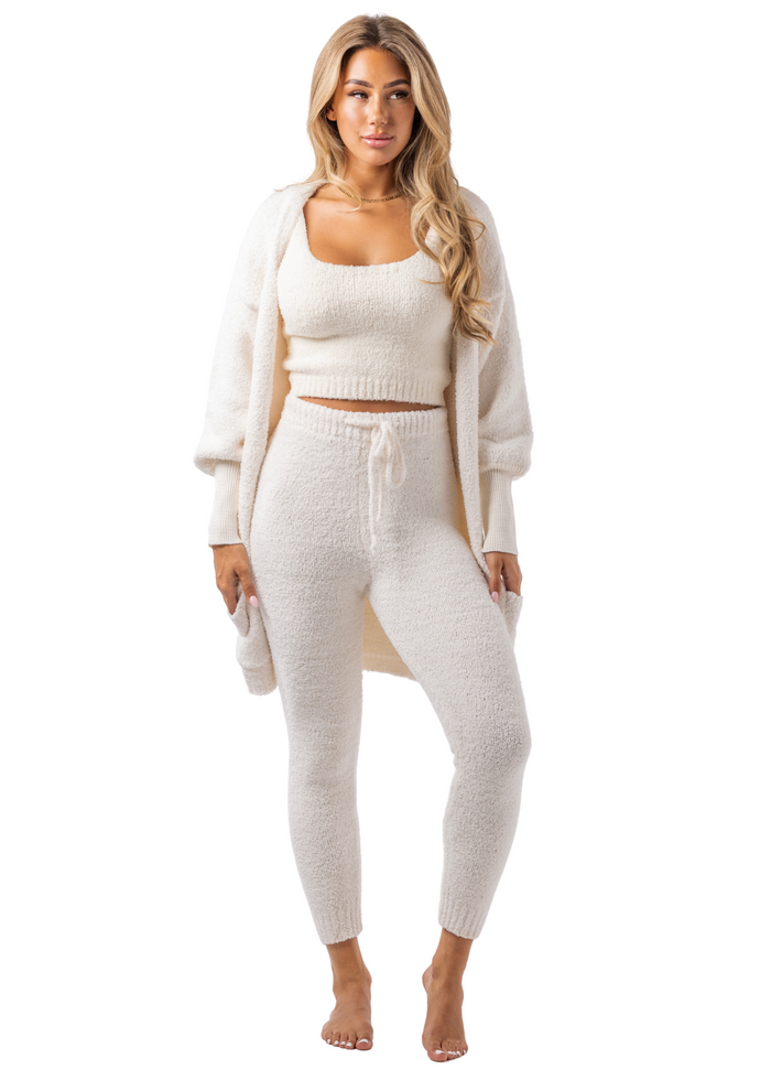 Dreamy Teddy Cardigan + Cami + Leggings Set (3-Piece) Crème
