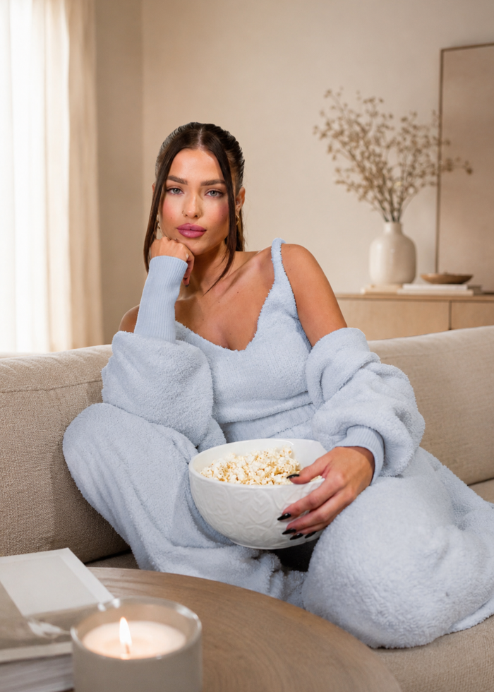 Lounge Lover Teddy Cardigan + V-neck + Flares Set (3-Piece) Baby Blue
