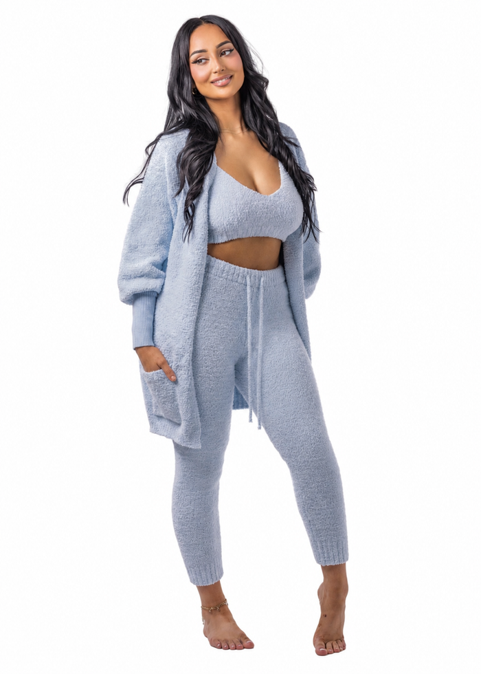 Doll Teddy Cardigan + Crop + Leggings Set (3-Piece) Baby Blue