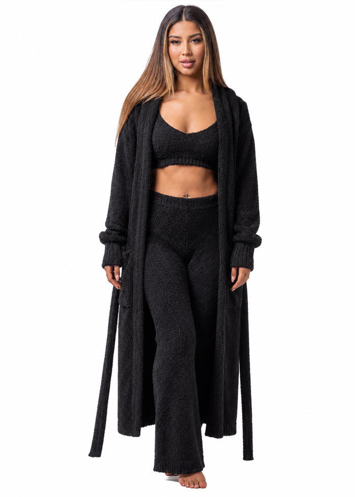 Afterglow Teddy Robe + Crop + Flares Set (3-Piece) Sultry Black