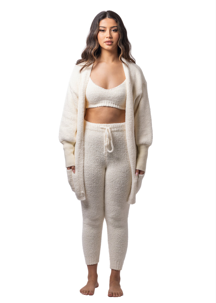 Doll Teddy Cardigan + Crop + Leggings Set (3-Piece) Crème