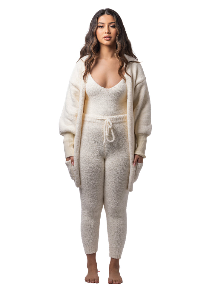 Sweetheart Teddy Cardigan + V-neck + Leggings Set (3-Piece) Crème