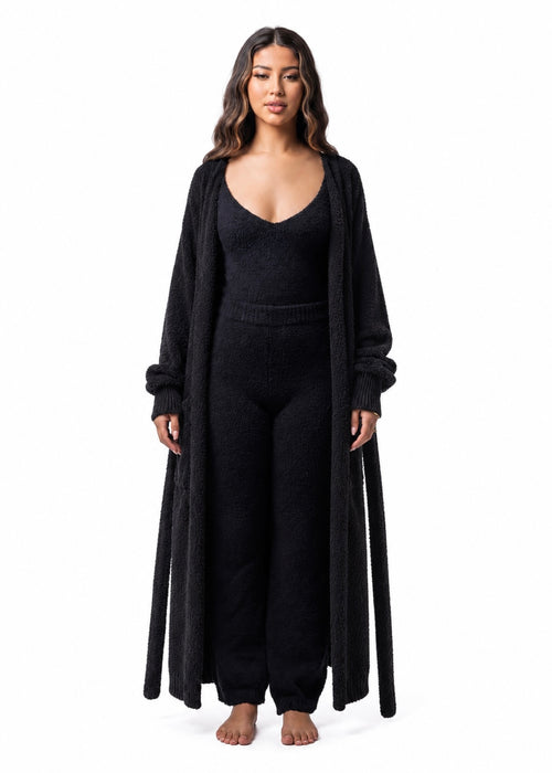 Golden Hour Teddy Robe + V-neck + Flares Set (3-Piece) Sultry Black