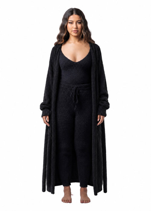 Moonlight Teddy Robe + V-neck + Leggings Set (3-Piece) Sultry Black