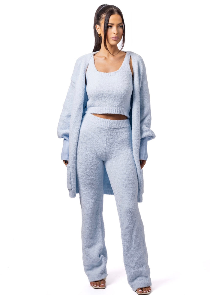 Miss Beverly Hills Teddy Cardigan + Cami + Flares Set (3-piece) Baby Blue