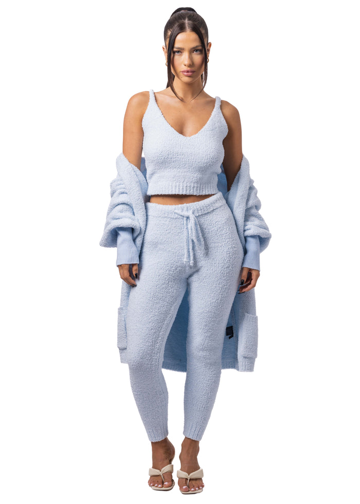 Sweetheart Teddy Cardigan + V-neck + Leggings Set (3-Piece) Baby Blue