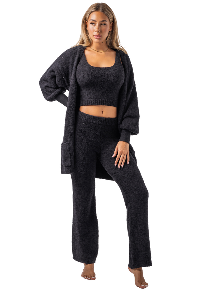Miss Beverly Hills Teddy Cardigan + Cami + Flares Set (3-piece) Sultry Black