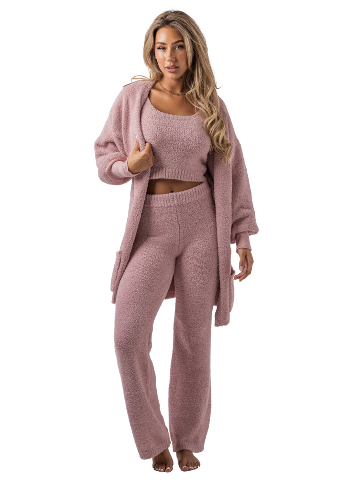 Miss Beverly Hills Teddy Cardigan + Cami + Flares Set (3-piece) Blush Pink