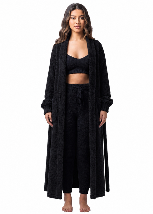 Midnight Teddy Robe + Crop + Leggings Set (3-Piece) Sultry Black