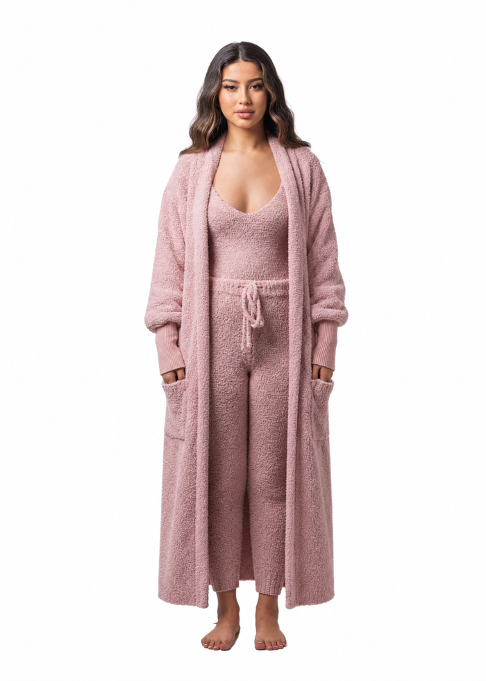 Moonlight Teddy Robe + V-neck + Leggings Set (3-Piece) Blush Pink