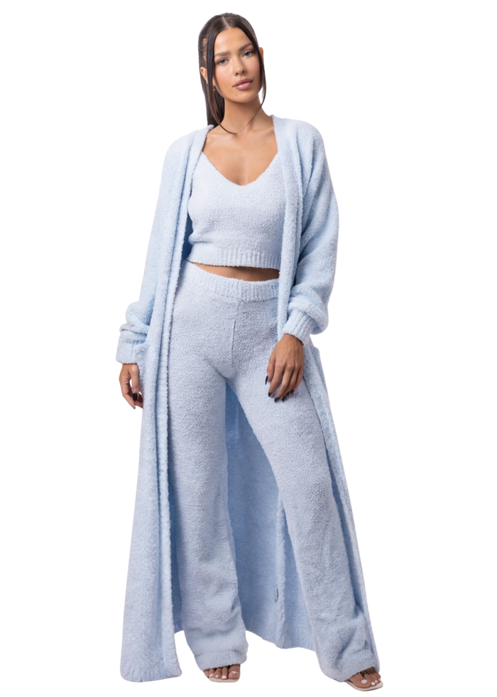 Golden Hour Teddy Robe + V-neck + Flares Set (3-Piece) Baby Blue