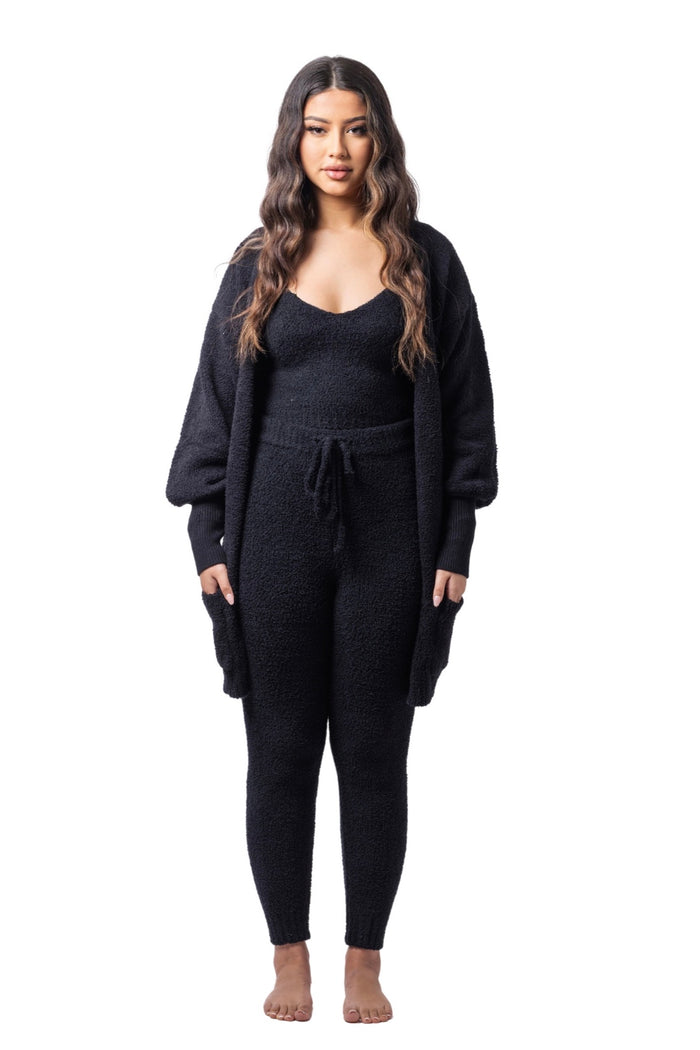 Sweetheart Teddy Cardigan + V-neck + Leggings Set (3-Piece) Sultry Black