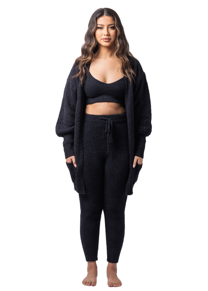 Doll Teddy Cardigan + Crop + Leggings Set (3-Piece) Sultry Black
