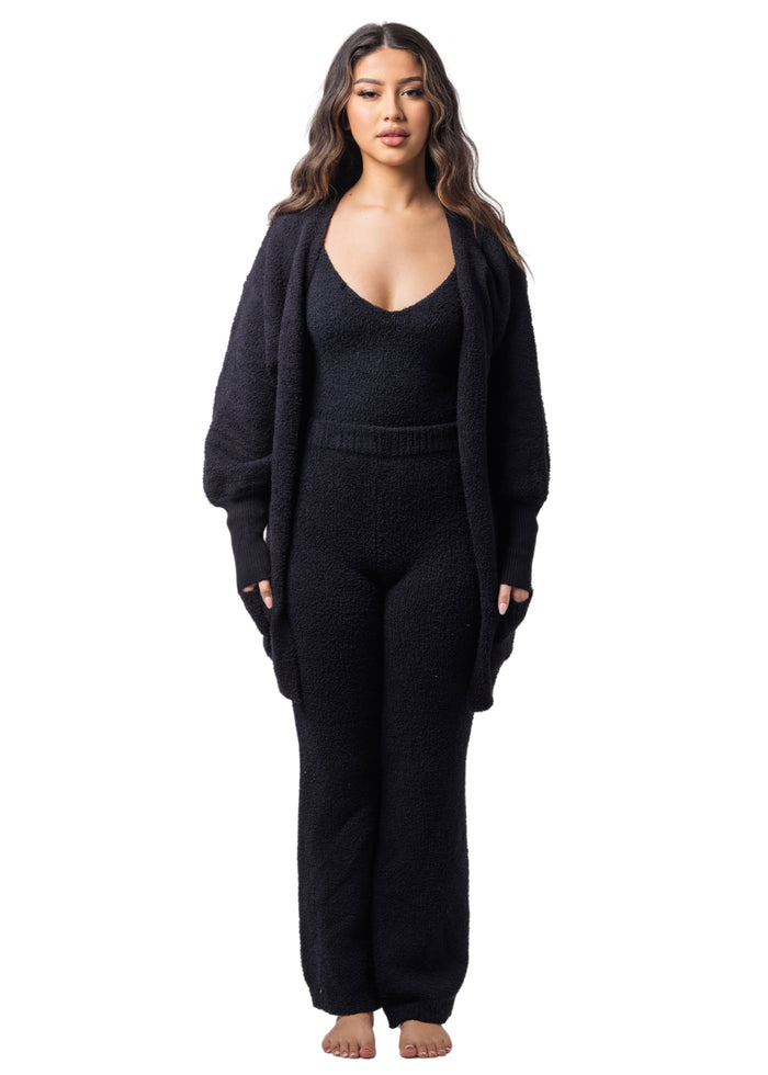 Lounge Lover Teddy Cardigan + V-neck + Flares Set (3-Piece) Sultry Black
