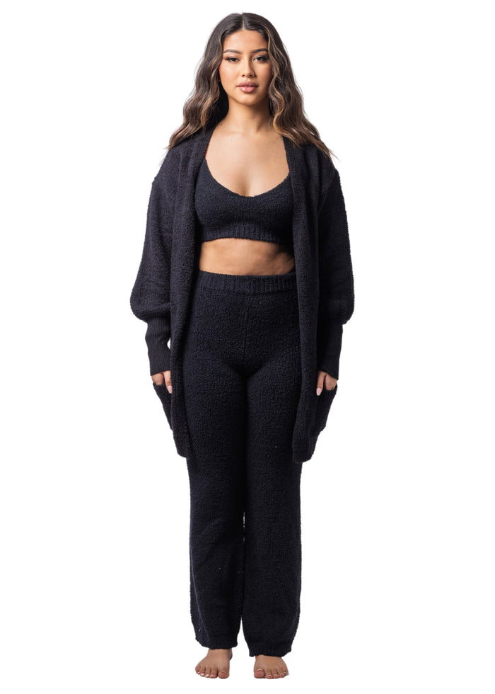Angel Teddy Cardigan + Crop + Flares Set (3-Piece) Sultry Black