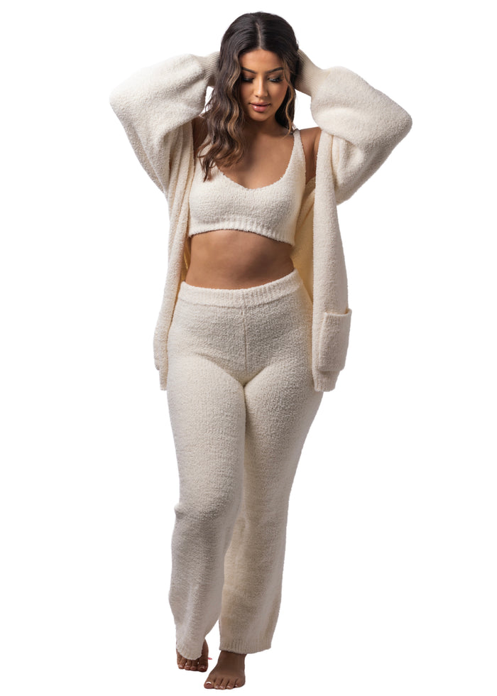 Angel Teddy Cardigan + Crop + Flares Set (3-Piece) Crème