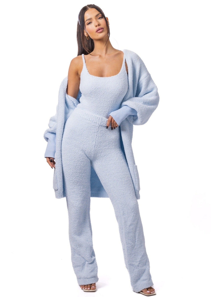 blue square cut loungewear flared set with cardigan