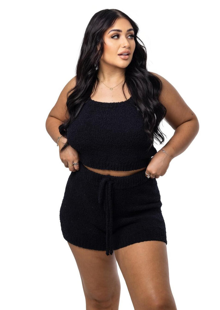 black cardigan with pockets, cami long top and comfy adjustable shorts made from cotton
